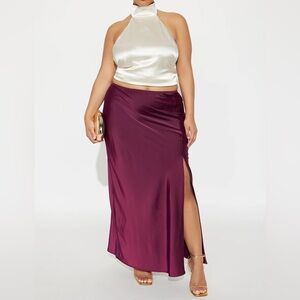 Plus Size Satin Maxi Skirt with Front Slit in Wine